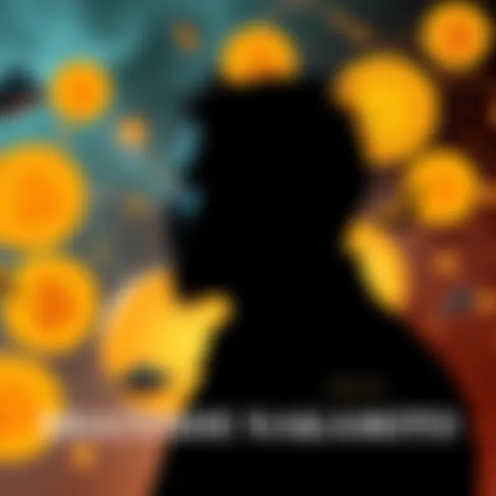 A silhouette of a figure representing Shatoshi Nakamoto with Bitcoin symbols surrounding, questioning his fate with thoughts of wealth and mystery in the background