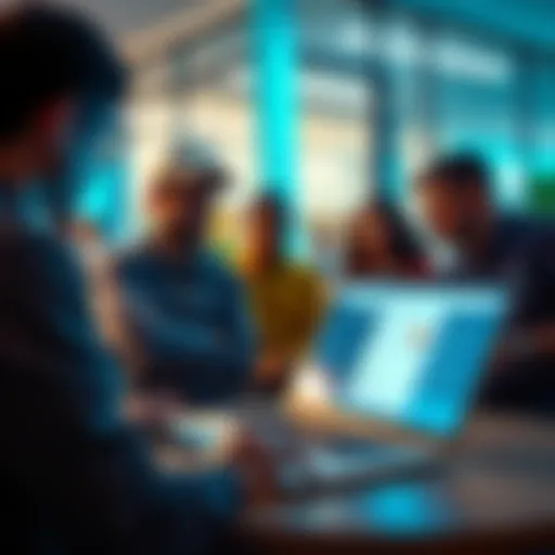 A group of people discussing the SherCoin prototype in a casual setting, with a laptop displaying the application interface in the foreground.