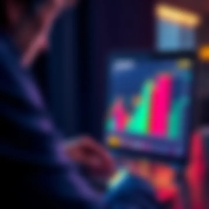A person looking at a graph showing cryptocurrency trends on a laptop screen, with Shib Coin logo visible.