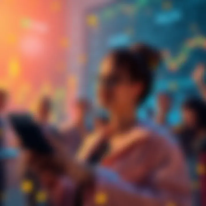 Lucie, the lead developer of Shiba Coin, sharing insights on a bright future for the cryptocurrency, surrounded by charts and community members celebrating