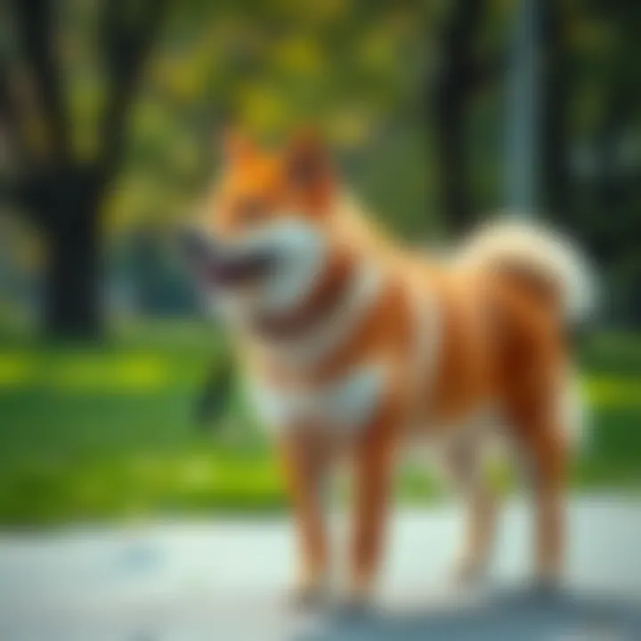 A Shiba dog being walked on a leash, ignoring other dogs in a park