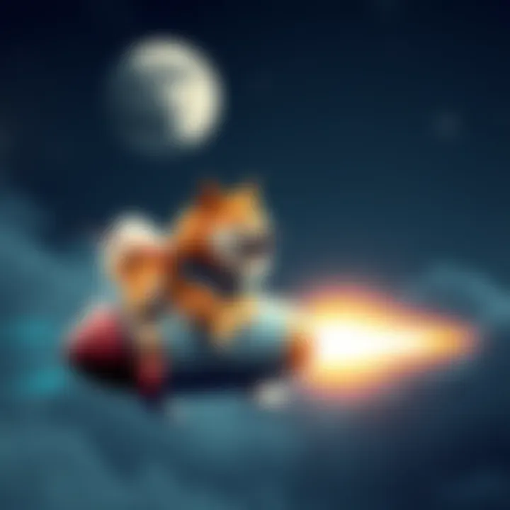 A Shiba Inu dog flying in a rocket towards the moon with a backdrop of stars.