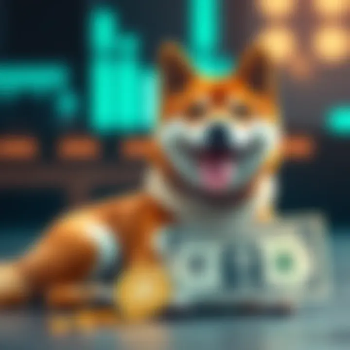 A Shiba Inu dog sitting next to a dollar bill, symbolizing investment potential in cryptocurrency.