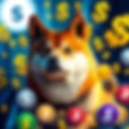 A Shiba Inu dog surrounded by dollar signs and logos of various Doge knockoffs.