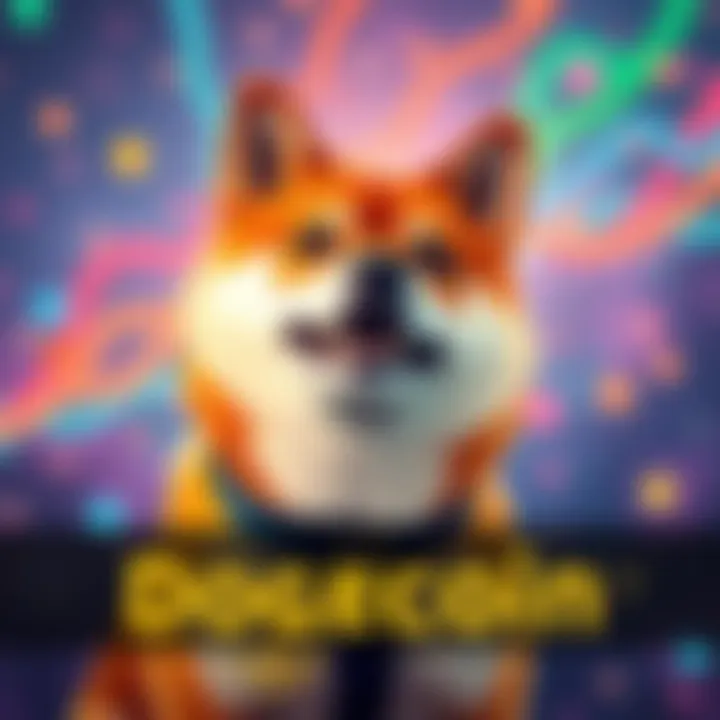 Shiba Inu Dogecoin Logo A Shiba Inu dog with a playful expression, representing the Dogecoin cryptocurrency, set against a colorful backdrop