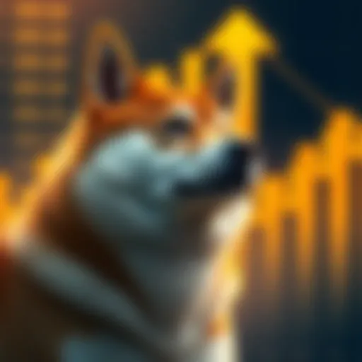 A Shiba Inu dog with a chart showing rising prices in the background, symbolizing future growth potential of Shiba Inu cryptocurrency.