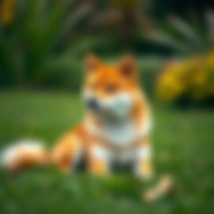 A Shiba Inu with a fox-like face sitting on a grassy lawn, looking curious and playful.