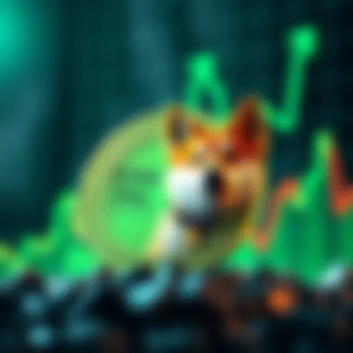 Shiba Inu token with green upward trend chart in background