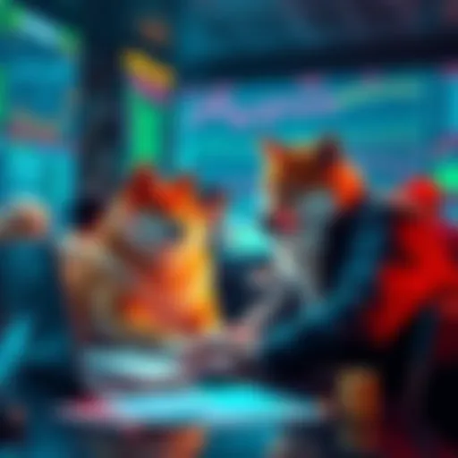 A group of traders studying charts and graphs, focusing on Shiba Inu cryptocurrency trends, with laptops and papers scattered around.