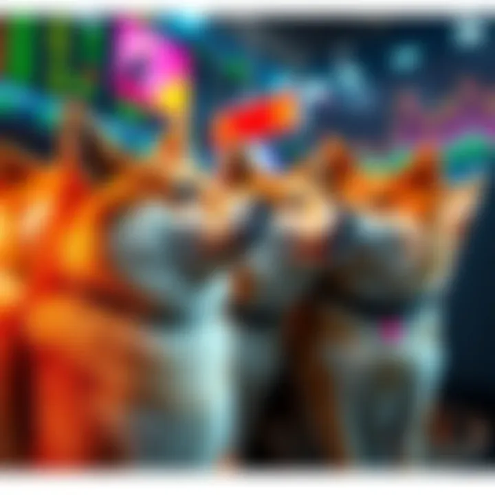 A group of Shibes closely observing charts and trends related to altcoin holders in a busy crypto market.