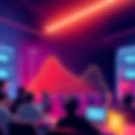 Illustration showing a graph depicting the change in focus from Bitcoin to Bitcoin Cash in online discussions, with people engaging in conversations around cryptocurrency.