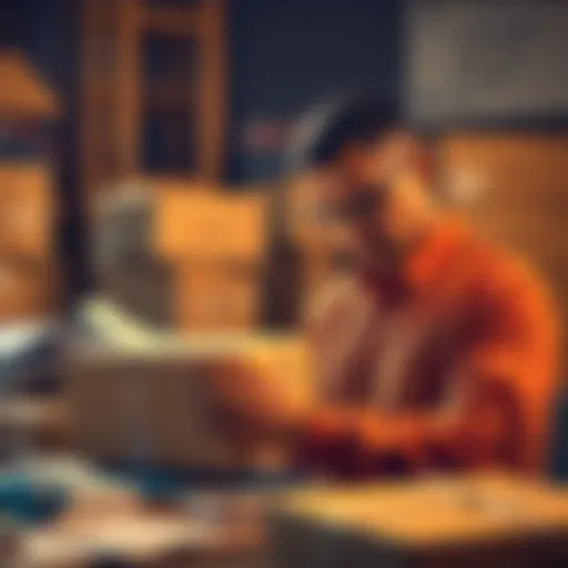 A person preparing a package for shipping to India from the UK, highlighting customs forms and shipping materials