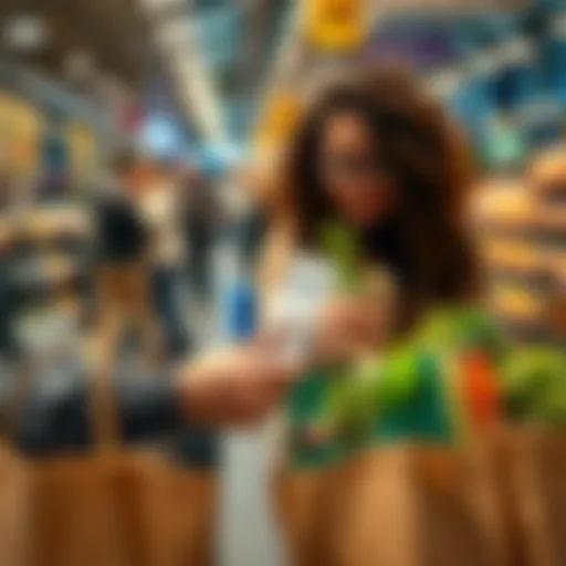 A shopper checking a receipt with a €50 market credit note and shopping bags full of groceries