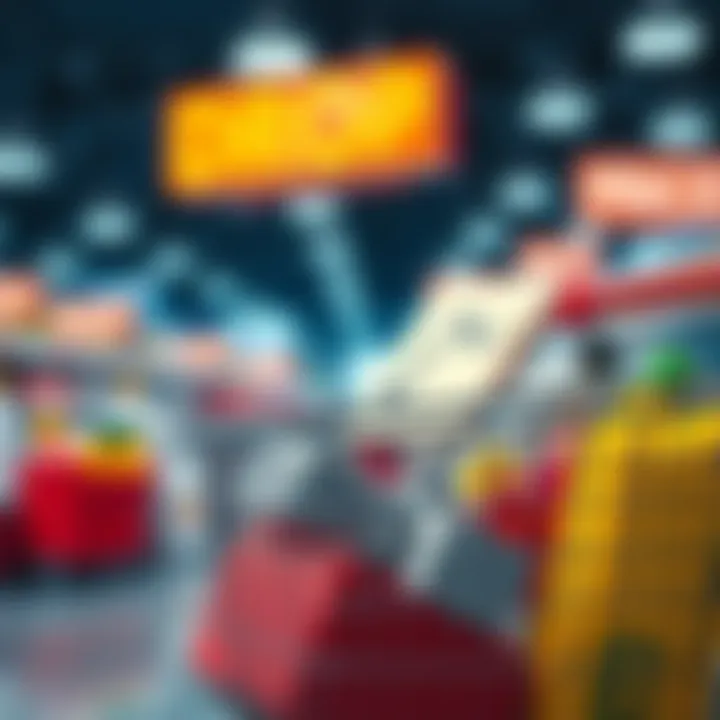 A shopping cart filled with items with a price tag showing a downward trend arrow, symbolizing price decreases related to purchases.