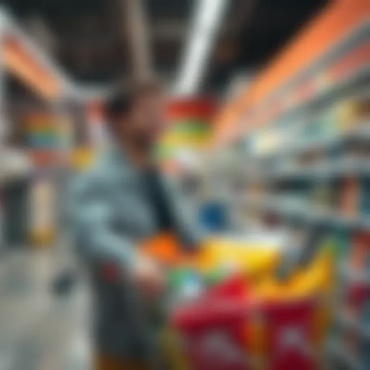 Shopping Success After Survey Ban A person happily shopping in a store, using a shopping cart filled with various products, smiling at the savings they found.