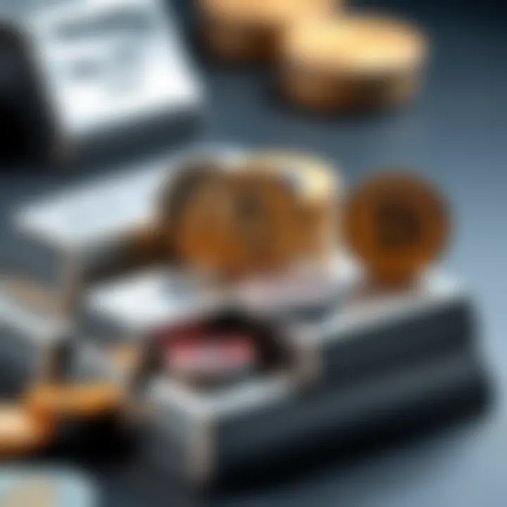 Stack of silver bars with various cryptocurrency coins placed on top, symbolizing the connection between precious metals and digital currencies.