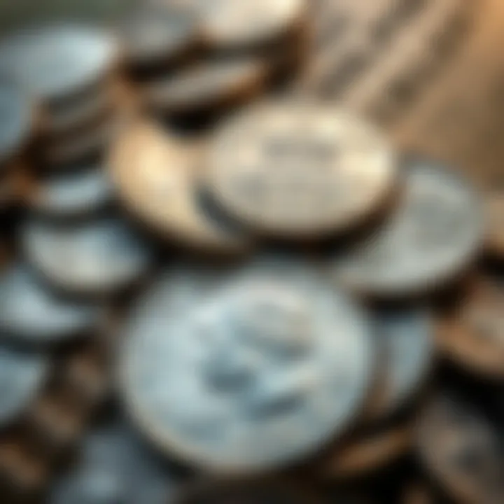 A collection of silver coins alongside an unusual piece of play money shaped like a half dollar, showcasing the excitement of a treasure hunt.