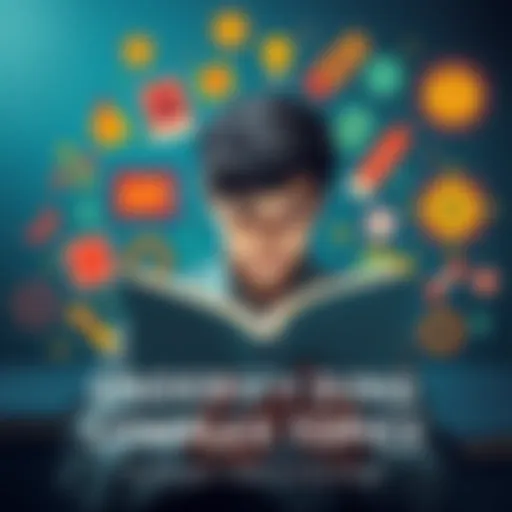 A person reading a book, surrounded by symbols representing various complex subjects like science, art, and technology.