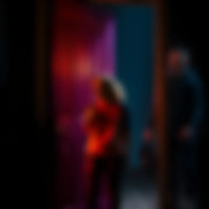 Single mom startled by unexpected visitor at night A single mother stands at her door looking alarmed as a mysterious man approaches in the dark