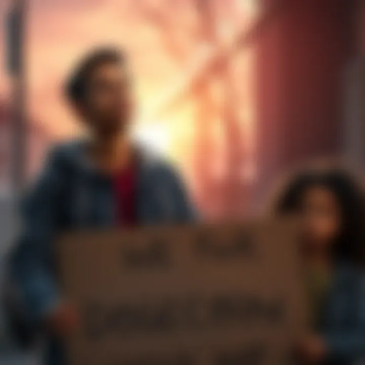 A single parent with their children looks hopeful while holding a sign asking for Dogecoin support to avoid eviction.