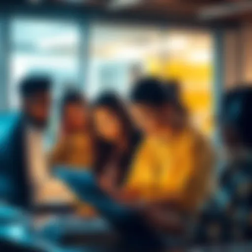 Group of diverse people collaborating on technology skills in a modern office setting