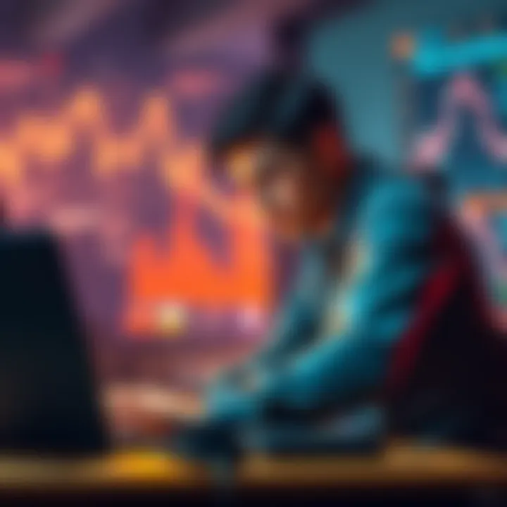 A smart contract developer working on a laptop, focused on coding, with blockchain graphics in the background.