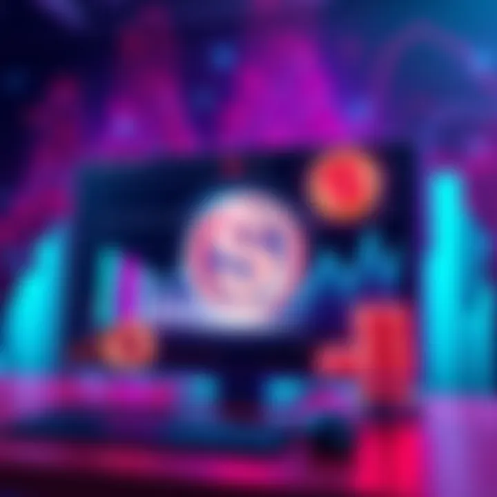 An illustration of smart contracts influencing the value of $Kas coin, showing graphs and digital assets on a screen