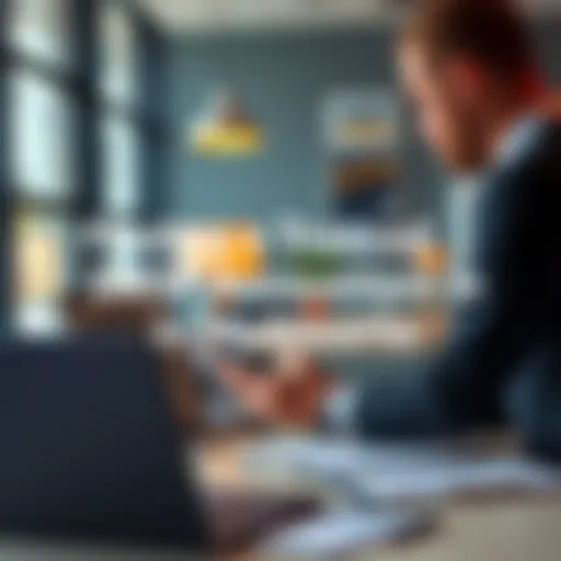 A person discussing tax strategies with a financial advisor in an office setting, featuring documents and a laptop.