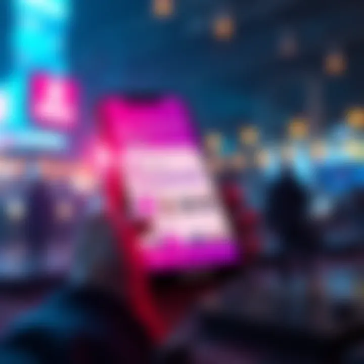 A graphic showing a smartphone displaying a social app interface, featuring community discussions and a mobile wallet icon.