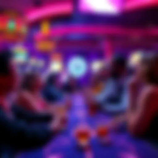 Group of people enjoying a lively atmosphere at a casino with games and drinks