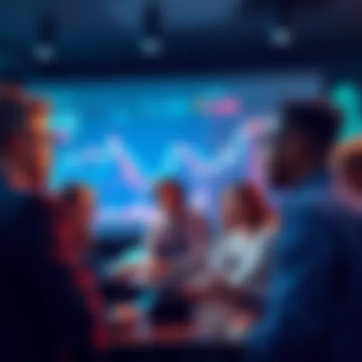 People discussing Solana price predictions with graphs and charts in the background.