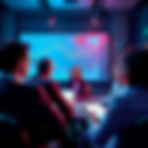 People discussing Solana price predictions and strategies in a group setting with charts and graphs on a screen