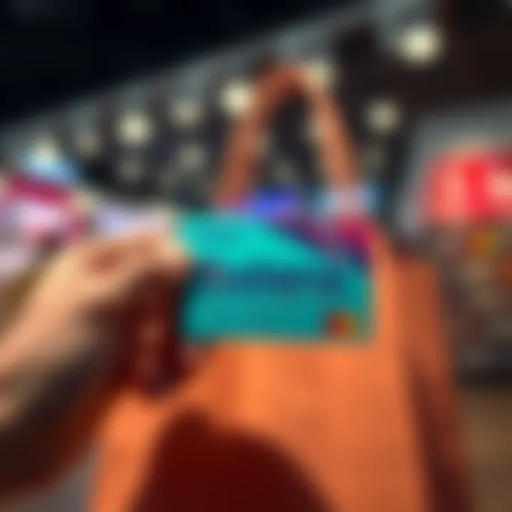 Using a Solana Debit Card A person holding a Solana debit card with a shopping bag in the background, ready for purchases.
