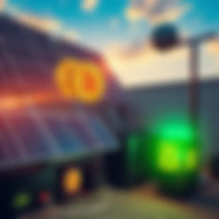 A solar panel array connected to cryptocurrency mining equipment, showcasing an efficient energy use setup for maximizing free electricity.