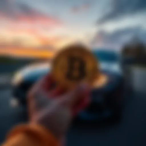 A person holding a Bitcoin symbol with a sold car in the background
