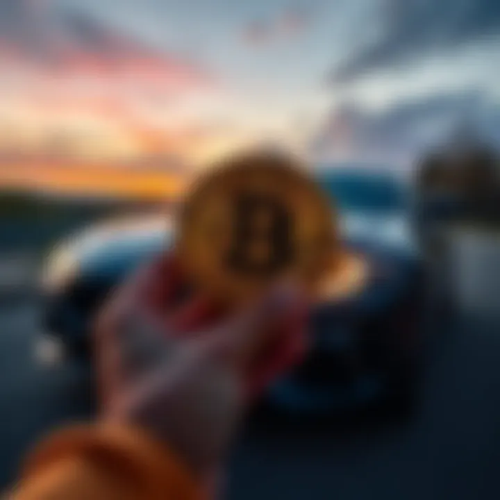 A person holding a Bitcoin symbol with a sold car in the background