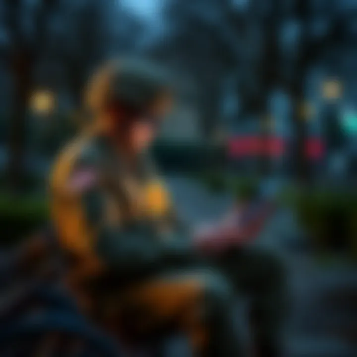 Soldier Reflecting on Bitcoin Loss A soldier sitting on a park bench, looking contemplative while holding a smartphone displaying Bitcoin charts, symbolizing loss and hope.