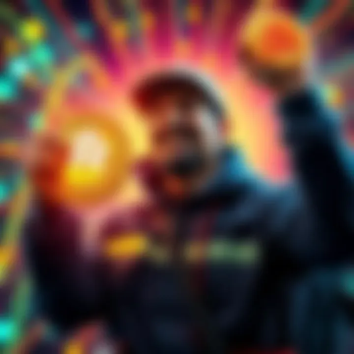 A happy solo miner holding a Bitcoin symbol, surrounded by a bright digital background representing cryptocurrency success.