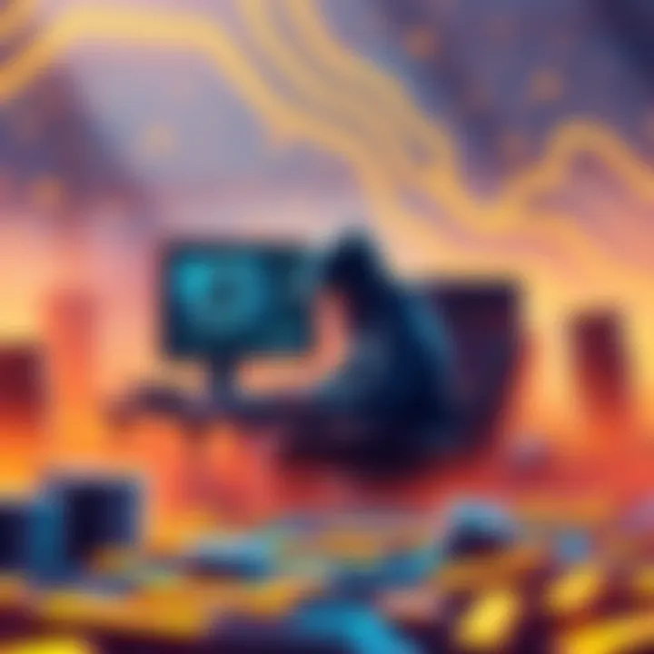 A visual representation of a miner working alone on a computer, symbolizing solo mining in cryptocurrencies, with a backdrop showing blocks and coins, highlighting the challenges faced in mining.