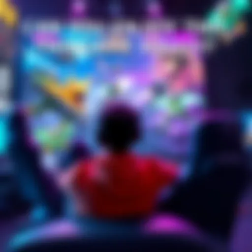 A person playing a video game alone, surrounded by game graphics and action scenes, showing their focus and enjoyment.