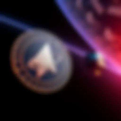 A visual representation of the Spacecoin logo alongside a graphic of a satellite in orbit