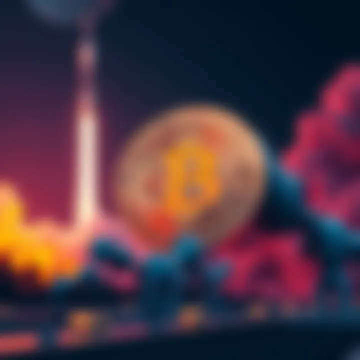A digital representation of Bitcoin being transferred with a SpaceX rocket in the background