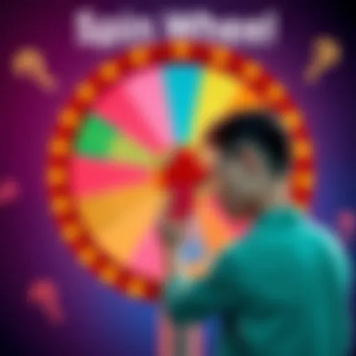 A colorful spin wheel with tickets and confusion depicted by a person scratching their head, surrounded by question marks.