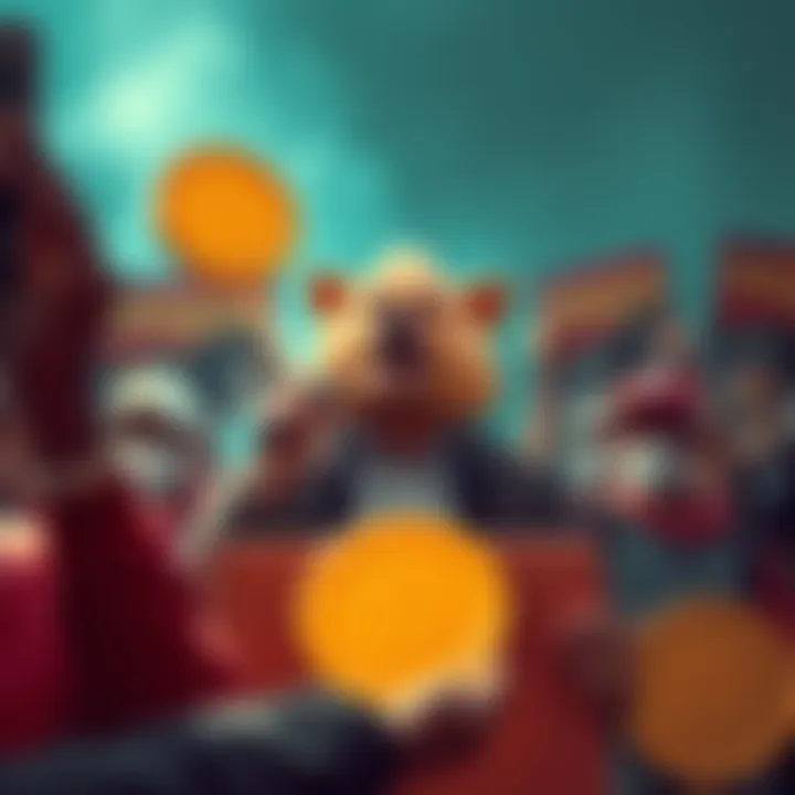 Sporklin passionately speaking at a rally about the future of Dogecoin, surrounded by supporters holding Dogecoin signs.