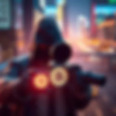 A spy agent holding a futuristic time travel device, set against a backdrop of city lights and Bitcoin symbols, representing the connection between espionage and cryptocurrency.
