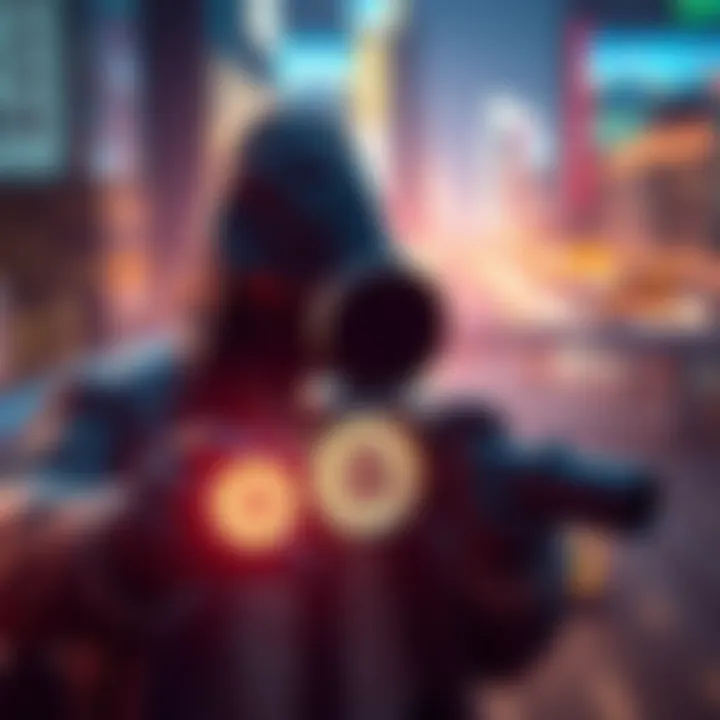 A spy agent holding a futuristic time travel device, set against a backdrop of city lights and Bitcoin symbols, representing the connection between espionage and cryptocurrency.