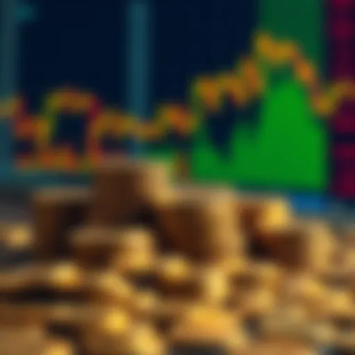 A collection of coins arranged neatly, some with a steady shine, representing stability in the market, against a backdrop of fluctuating stock charts.