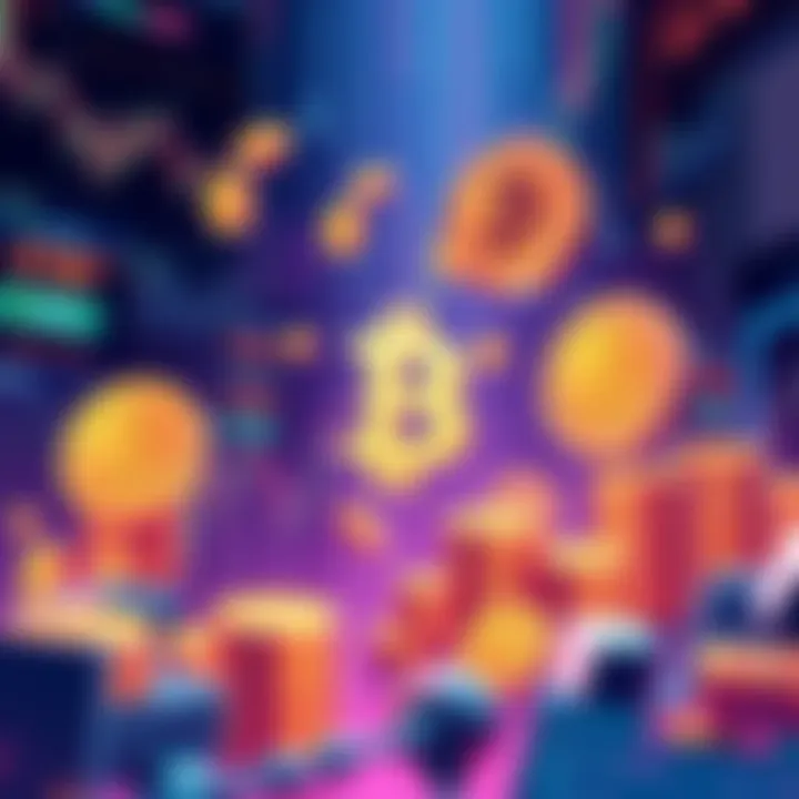 Illustration showing stablecoins represented as tokens linked to fiat currencies, with elements of trading and lending in a digital finance environment.