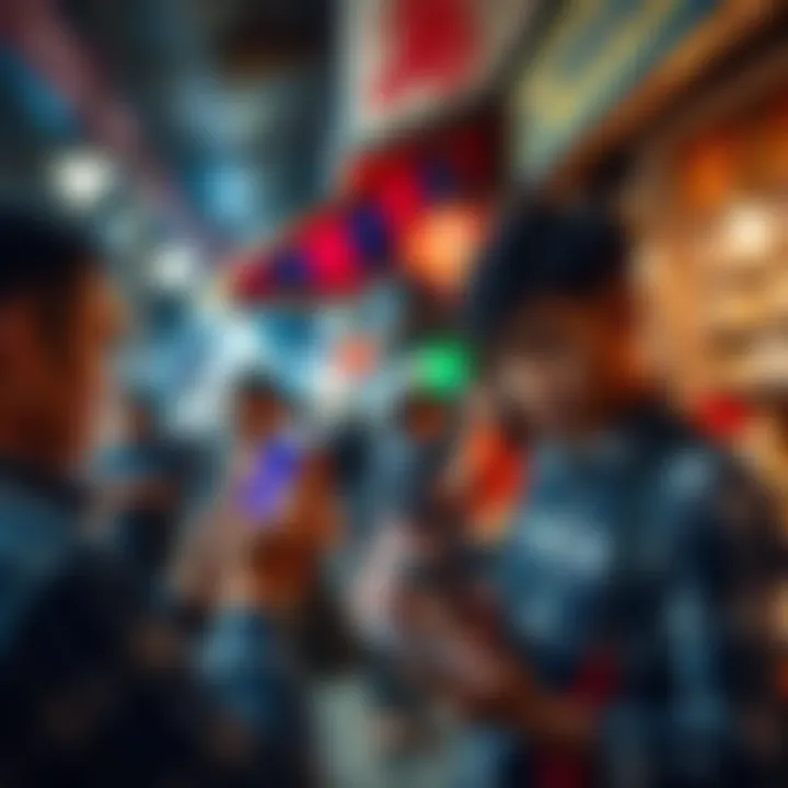 People using smartphones to manage stablecoins, showcasing digital wallets and transactions in an outdoor market setting