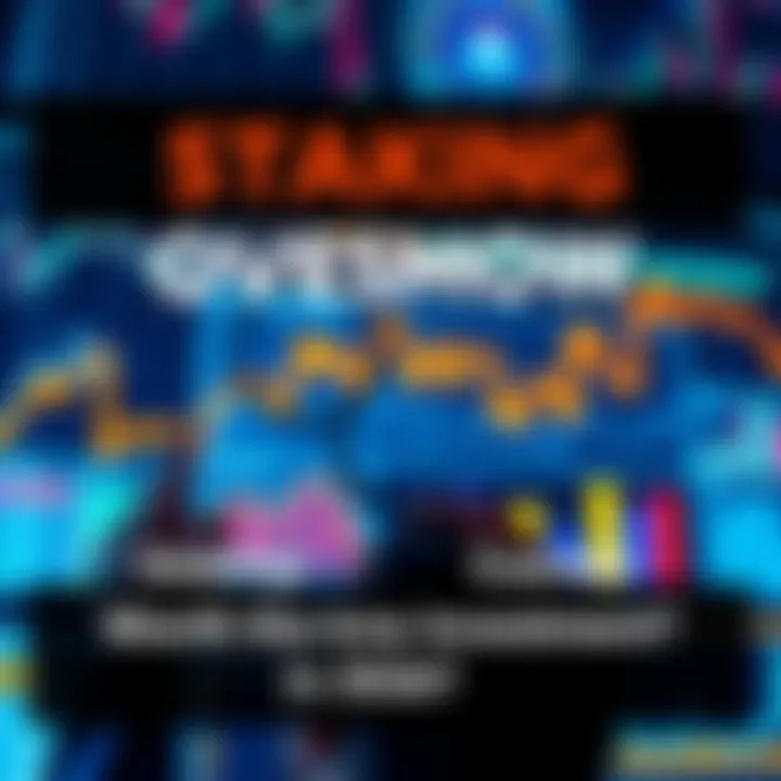 Graphic showing a person analyzing investment options for staking Cosmos with charts and graphs in the background.